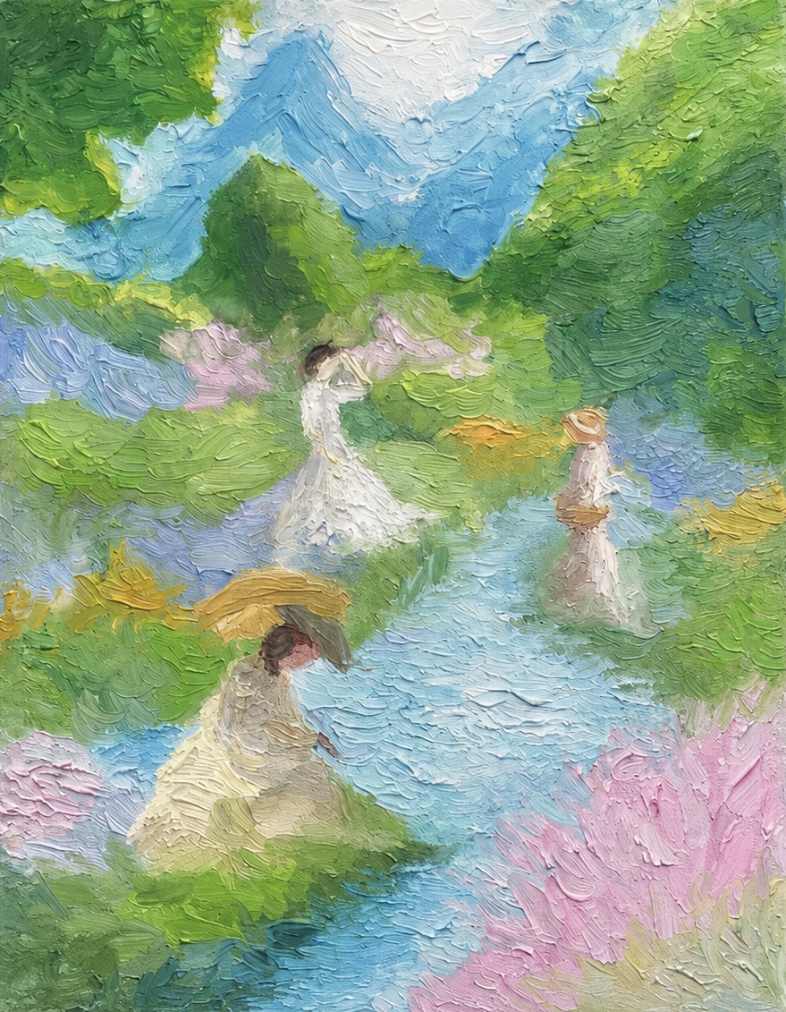 Impressionist painting of women in white dresses along a mountain stream